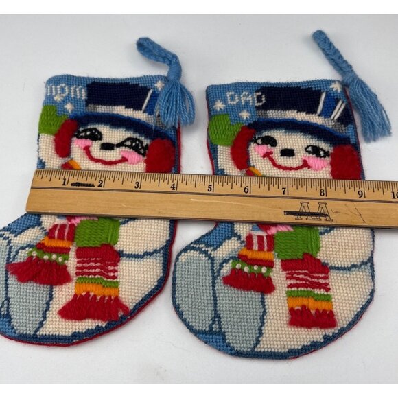 Handmade Needlepoint Snowman Mini Christmas Stockings Mom Dad Set Bright Colors - Picture 6 of 10